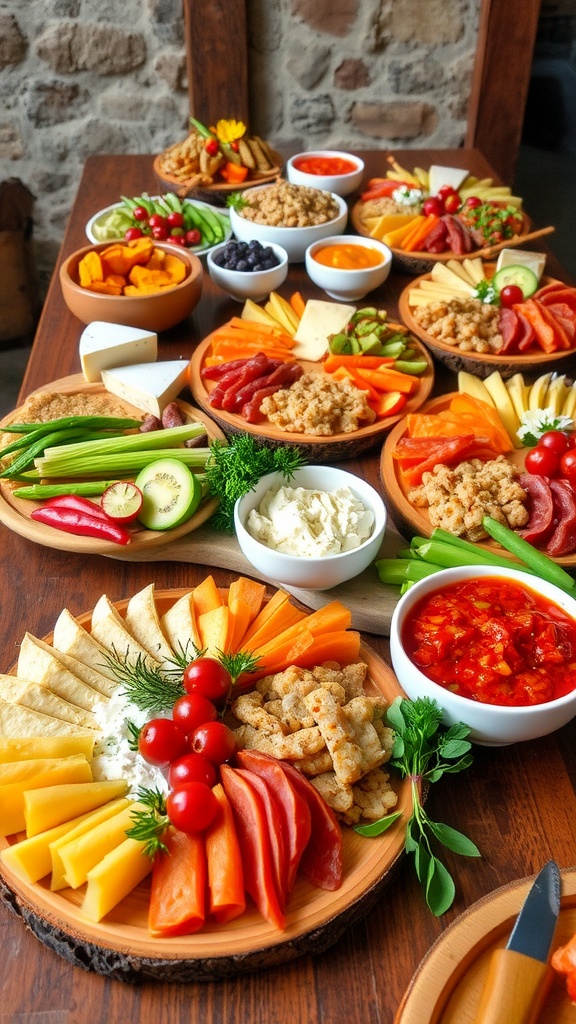 A beautifully arranged appetizer table featuring cheeses, meats, vegetables, and dips, creating a vibrant and inviting spread.